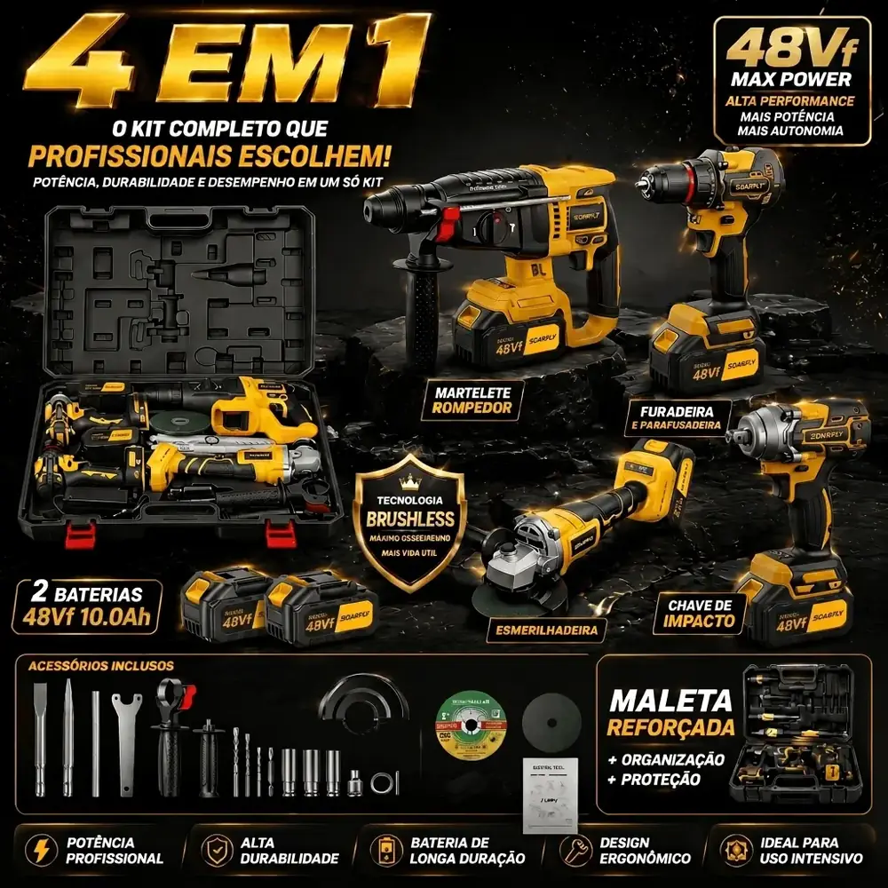 [SOARFLY] Kit Ferramentas 4 em 1 48Vf | Íon Lítio Baterias Sem Fio | Martelete + Esmerilhadeira + Furadeira Parafusadeira + Impacto Chave | Ideal para Reformas Residenciais e Reparos Domésticos
